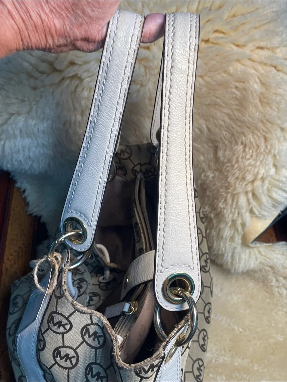 Michael Kors Beige Signature Drawstring Shoulder Bag with White Trim